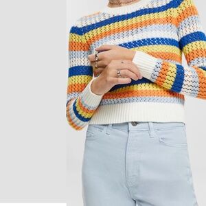 ESPRIT 100% Cotton Pointelle Knit Long Sleeve Crew Neck Pullover Multi Colour L